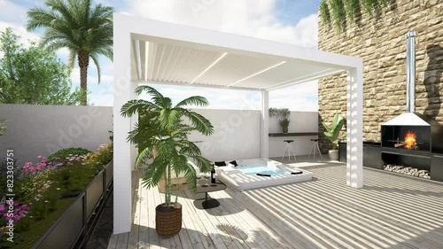3D illustration of modern urban patio with white bioclimatic pergola. Barbecue and white pallet couch next to hot whirlpool tub. Orbit shot. photo