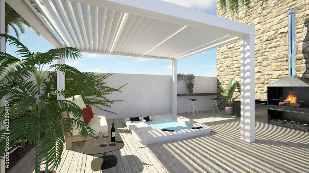 3D illustration of modern urban patio with white bioclimatic pergola ...