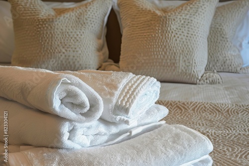 Clean, crisp white bed with neatly folded towels on the side of it, ready for use in hotel rooms.