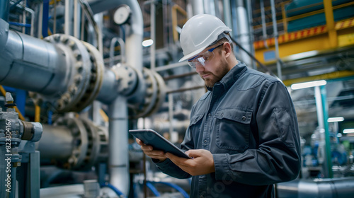 Engineer using a tablet in an Industrial Facility. Industrial plant with machinery in the background
