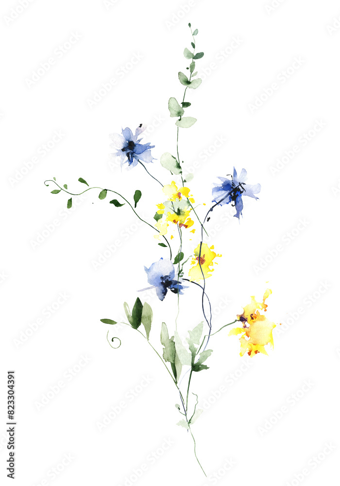 Obraz premium Watercolor floral bouquet on white background. Blue, yellow wild flowers, branches, leaves and twigs.