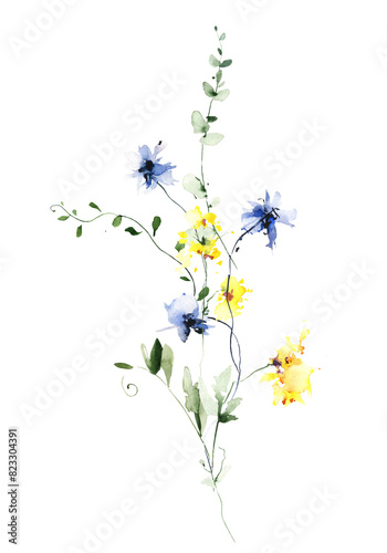Watercolor floral bouquet on white background. Blue, yellow wild flowers, branches, leaves and twigs.