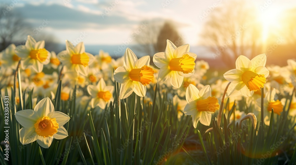 A photo of a picturesque field of daffodils in spring
