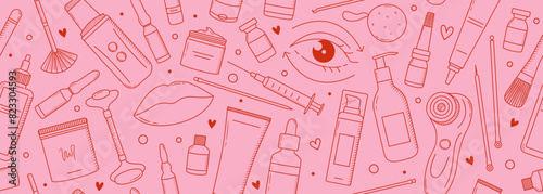 Seamless vector banner with cosmetology devices and cosmetic products. Anti-aging, lifting, skincare, injection drawings on wide background. Beauty clinic pattern. Outline illustrations.