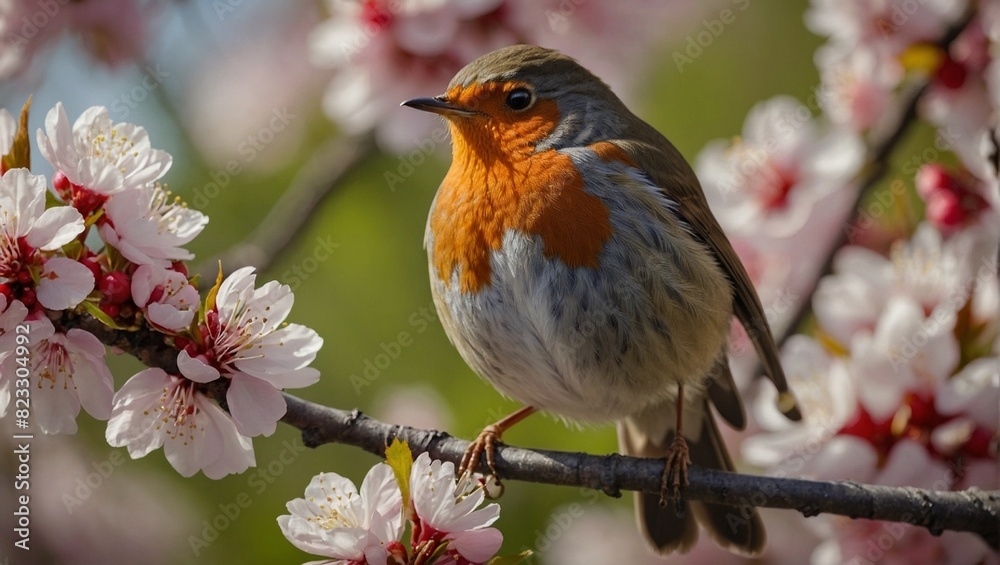 European Robin Perched on a Branch with Blossoming Flowers European Robin Perched on a Branch with Blossoming Flowers