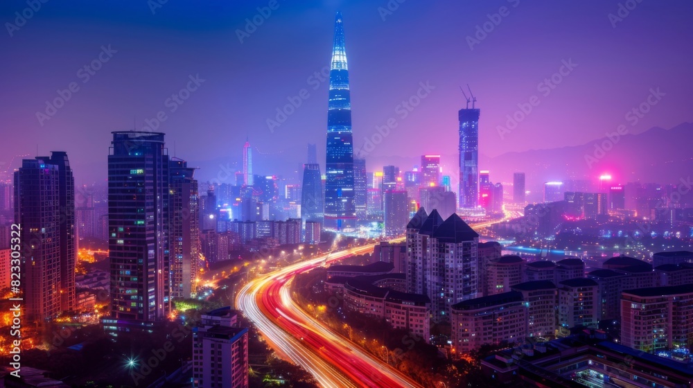 Shenzhen city buildings at night and blurred