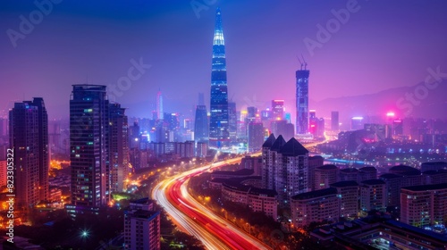 Shenzhen city buildings at night and blurred