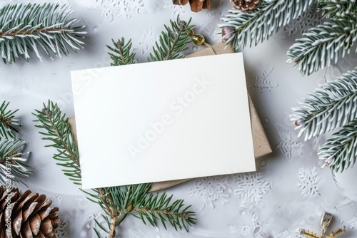 Festive Christmas Composition with Blank Card, Gifts, and Decorations