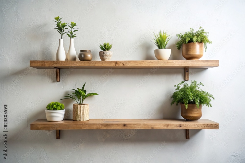 Interior design details. There are wooden shelves with potted plants on the bright wall. Scandinavian style.