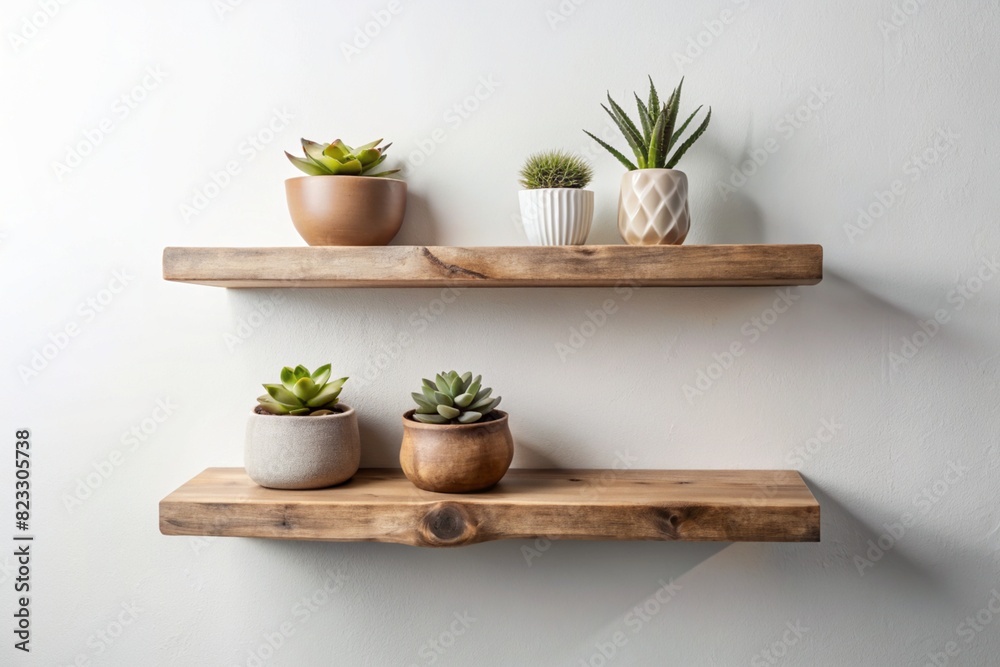 Interior design details. There are wooden shelves with potted plants on the bright wall. Scandinavian style. Interior design details. There are wooden shelves with potted plants on the bright wall. Scandinavian style.