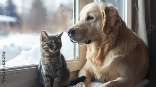 dog and cat as best friends, looking out the window together. Generative Ai