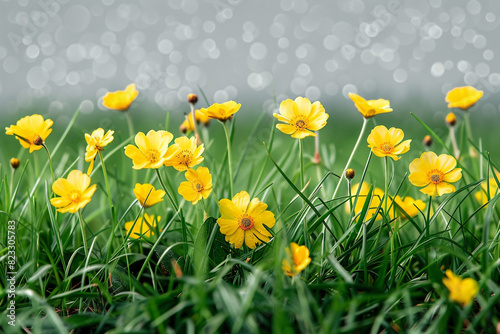 yellow flowers in the grass foreground isolated on transparent background cutout 