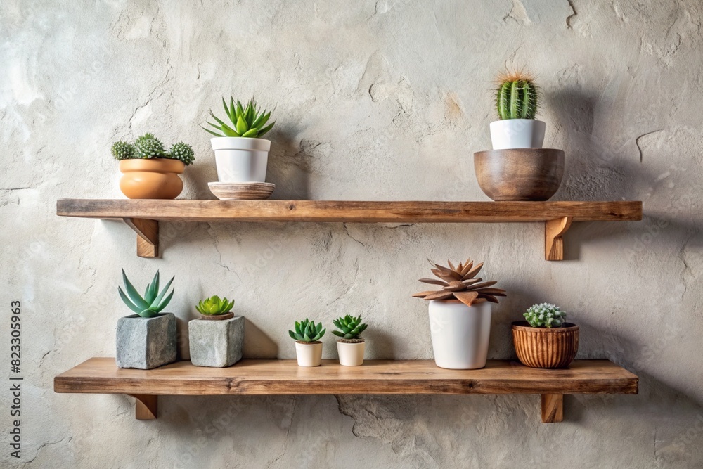 Interior design details. There are wooden shelves with potted plants on the bright wall. Scandinavian style. Interior design details. There are wooden shelves with potted plants on the bright wall. Scandinavian style.