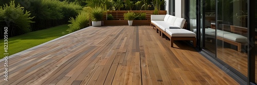 Sunny terrace with wood teck flooring and plants