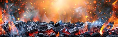 A charcoal barbecue ready for frying unleashes smoke and fiery orange emberc with smoky background 