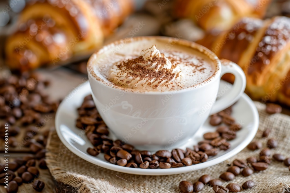 Cup of cappuccino coffee with a croissant in the background, surrounded by coffee beans and ground powder. Cup of cappuccino coffee with a croissant in the background, surrounded by coffee beans and ground powder.