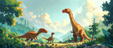 Happy dinosaurs roaming through a prehistoric landscape dotted with lush greenery, kids banner wallpaper