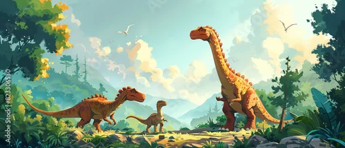 Obraz Happy dinosaurs roaming through a prehistoric landscape dotted with lush greenery, kids banner wallpaper