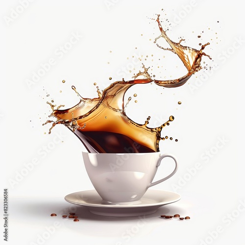 A cup of coffee is pouring out, white background, vector graphics.