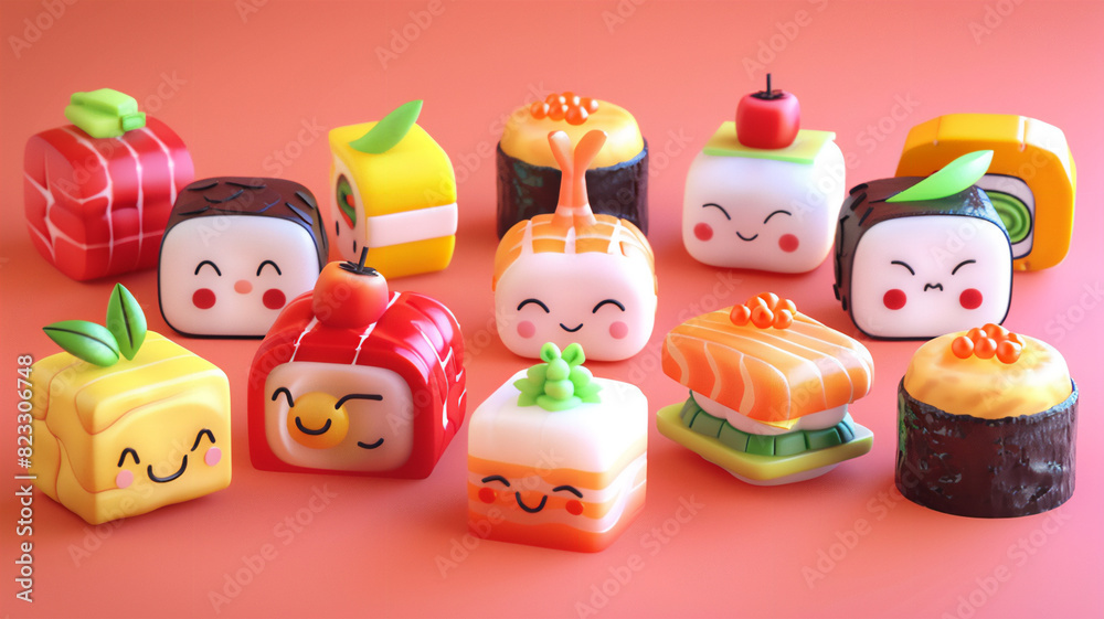 Fototapeta premium Cute Mini Cartoon Style Colorful Sushi Characters, Adorable and Playful Japanese Food Icons, Whimsical Illustrations for Fun Designs