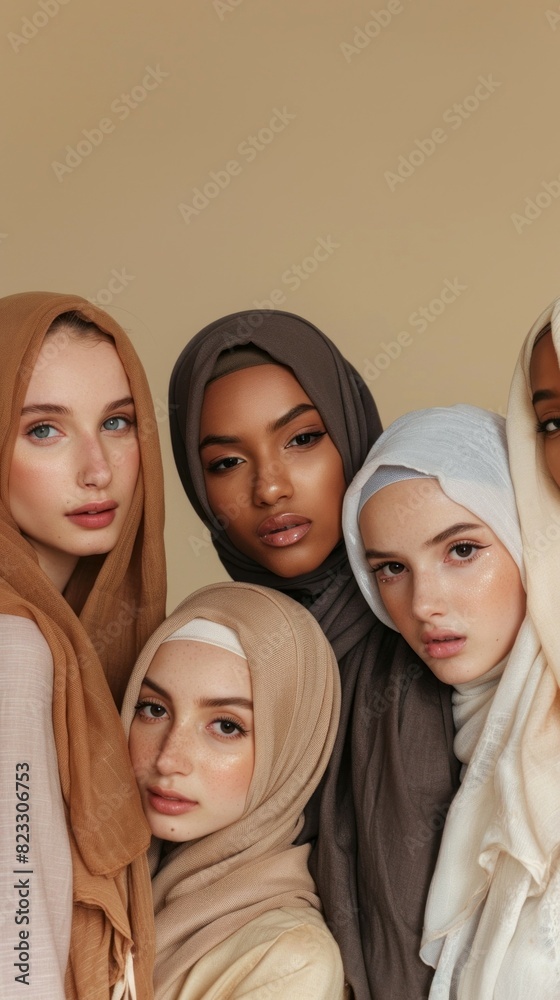 A group of women wearing different colored scarves are posing for a photo A group of women wearing different colored scarves are posing for a photo