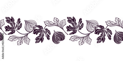 Figs seamless border. Curved branches with leaves and fruits. Vector illustration in graphic style. For cards, invitations, food and cosmetic packaging, covers, fabric, textiles, wallpaper.