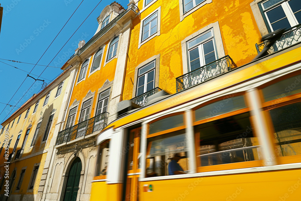 Yellow tram moving past yellow building in Lisbon, Portugal 