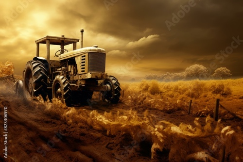 Fertile Tractor soil farm. Land plow. Generate Ai
