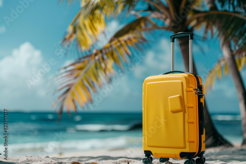 Yellow traveling suitcase Summer time travel bag and straw hat isolated on white  © xadartstudio