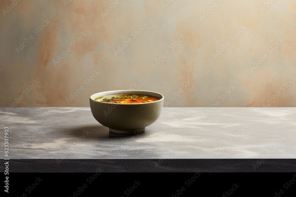 Tempting miso soup on a marble slab against a minimalist or empty room background Tempting miso soup on a marble slab against a minimalist or empty room background