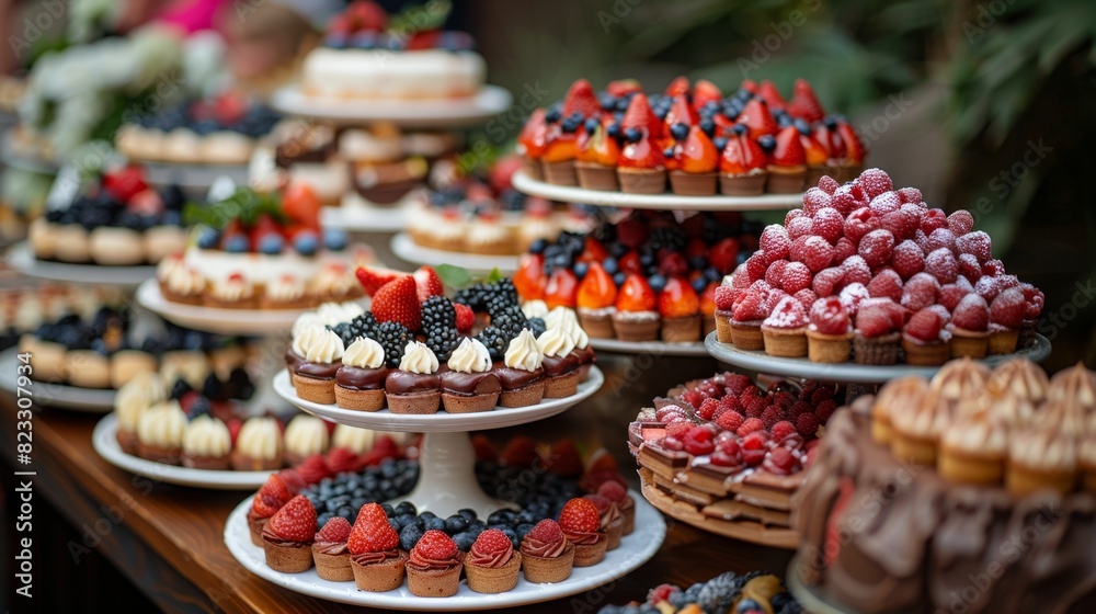 dessert table display, delectable desserts and pastries displayed on a dessert table at a catering event, offering a tempting variety for guests to enjoy