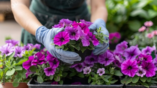Female gardener holding rectangle planter . Attractive girl holding potted violet petunias in garden. © Nataliya