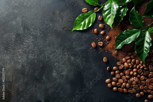 Background of coffee beans with two leaves on the right side, top view. A black background is decorated. photo