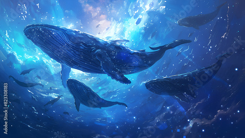 A surreal image of giant whales swimming through a starry cosmos  blending elements of marine life and outer space  creating an otherworldly scene. Ideal for sci-fi book covers or imaginative posters