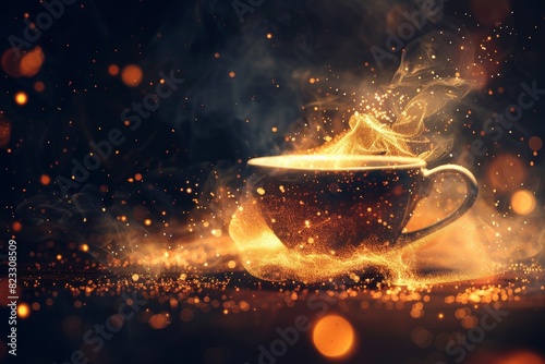 Steaming cup of coffee, emitting mysterious light particles, against a dark background. photo
