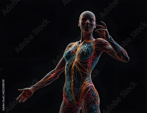 Abstract colorful plastic human body mannequin with scattering particles over black background. Action dance jump ballet pose. 3D rendering ... See More