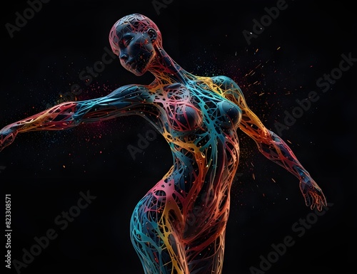 Abstract colorful plastic human body mannequin with scattering particles over black background. Action dance jump ballet pose. 3D rendering ... See More