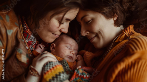 LGBTQ parents lovingly holding their newborn baby, gazing with pride and joy, capturing a heartwarming family moment, editorial photography photo