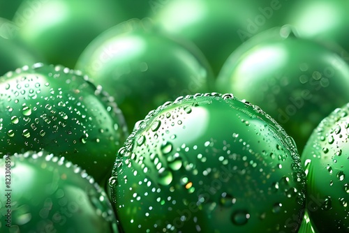 Bright green electroplated glass spheres set against a deep forest green background. Green sphere balls in an abstract background. Multicolored green balls with a pattern texture.

 photo