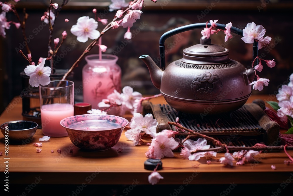 Fototapeta premium Serene Sakura tea ceremony. Spring herbal. Generate Ai