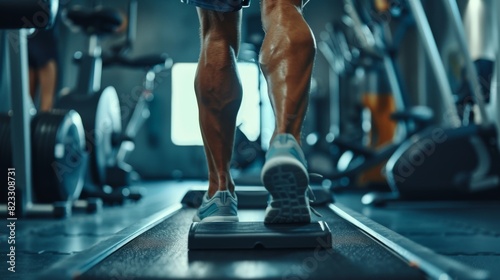 A low angle shot showing a man's muscular legs running on a treadmill, highlighting intense workout and fitness dedication. photo