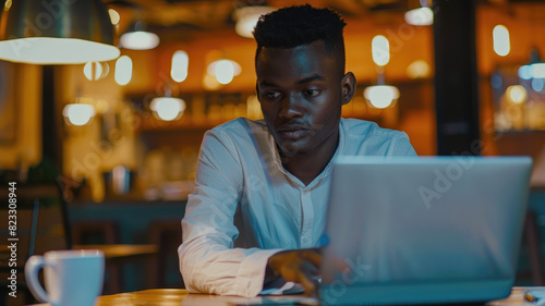 Serious thoughtful young African freelance business man working at laptop computer, sitting at table on floor, looking away in deep thoughts, thinking on creative ideas, making decision.