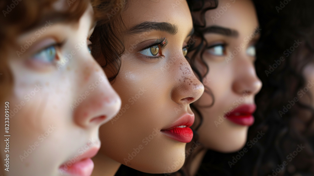 Close up of female models looking to the right