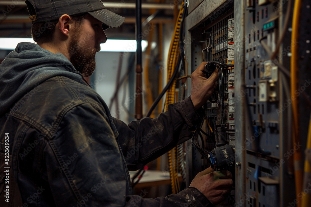 young male electrician working on an electrical panel young male electrician working on an electrical panel