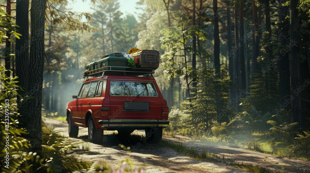 Red SUV on a forest path heads into a journey amidst tall trees and dappled sunlight. Red SUV on a forest path heads into a journey amidst tall trees and dappled sunlight.