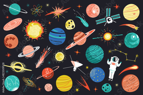 Planets in space, doodle collection of stars and shuttle icons, cosmic objects set, vector illustrations of galaxies, comets and spacecraft, cute childish design for astronomy book, science collection