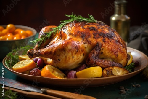 Delicious roast chicken on a rustic plate against a pastel or soft colors background
