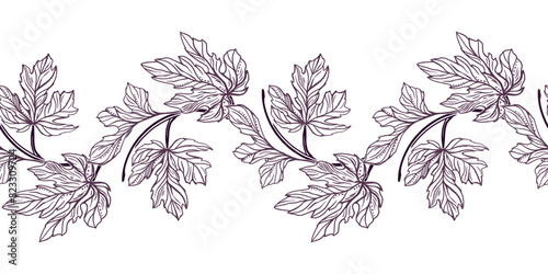 Figs seamless border. Curved branches with leaves. Vector illustration in graphic style. For cards, invitations, food and cosmetic packaging, covers, fabric, textiles, wallpaper.