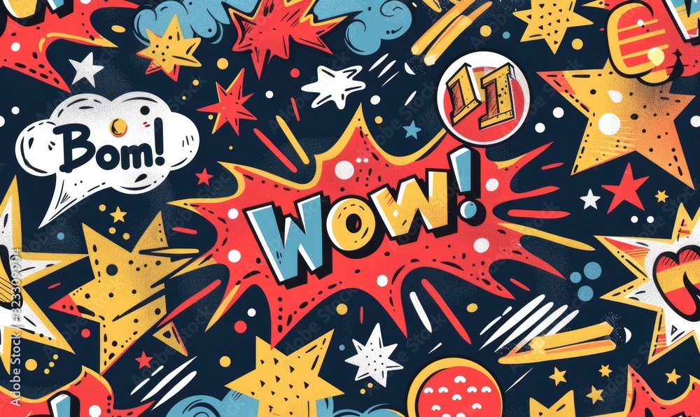 A pattern inspired by 90s pop art, featuring comic book-style graphics A pattern inspired by 90s pop art, featuring comic book-style graphics