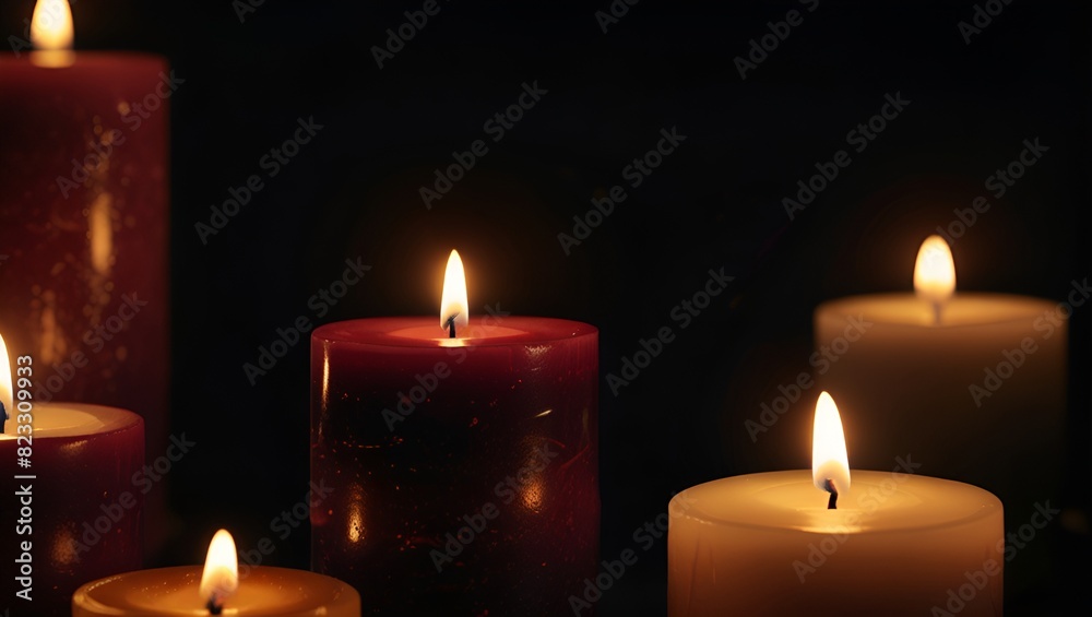 Row of lit candles on dark background.
Dark background with row of glowing candles. Candles illuminated in a line against dark backdrop. Row of lit candles on dark background.
Dark background with row of glowing candles. Candles illuminated in a line against dark backdrop.